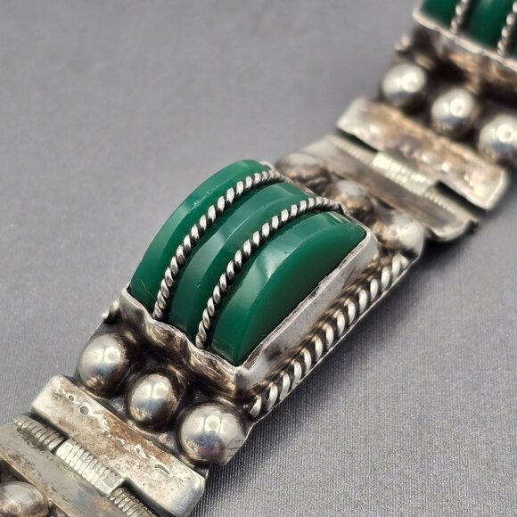 VTG RRA Mexican Sterling Silver Green Onyx Panel Link Bracelet 7" Rope Detail 40 - Picture 9 of 16